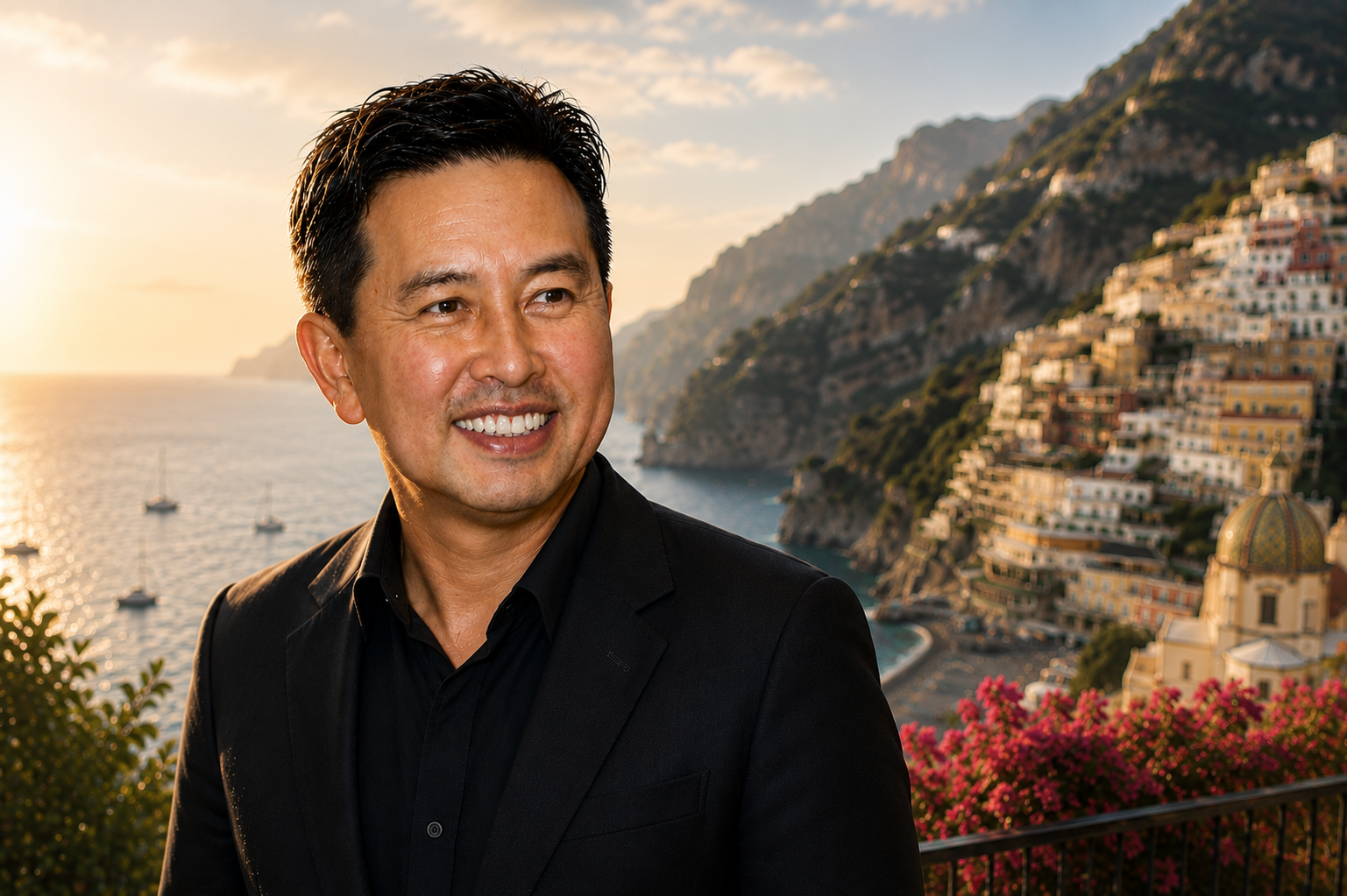 Eric Mallari, cruise concierge at Ontario Cruise Center, with a Mediterranean coastal backdrop