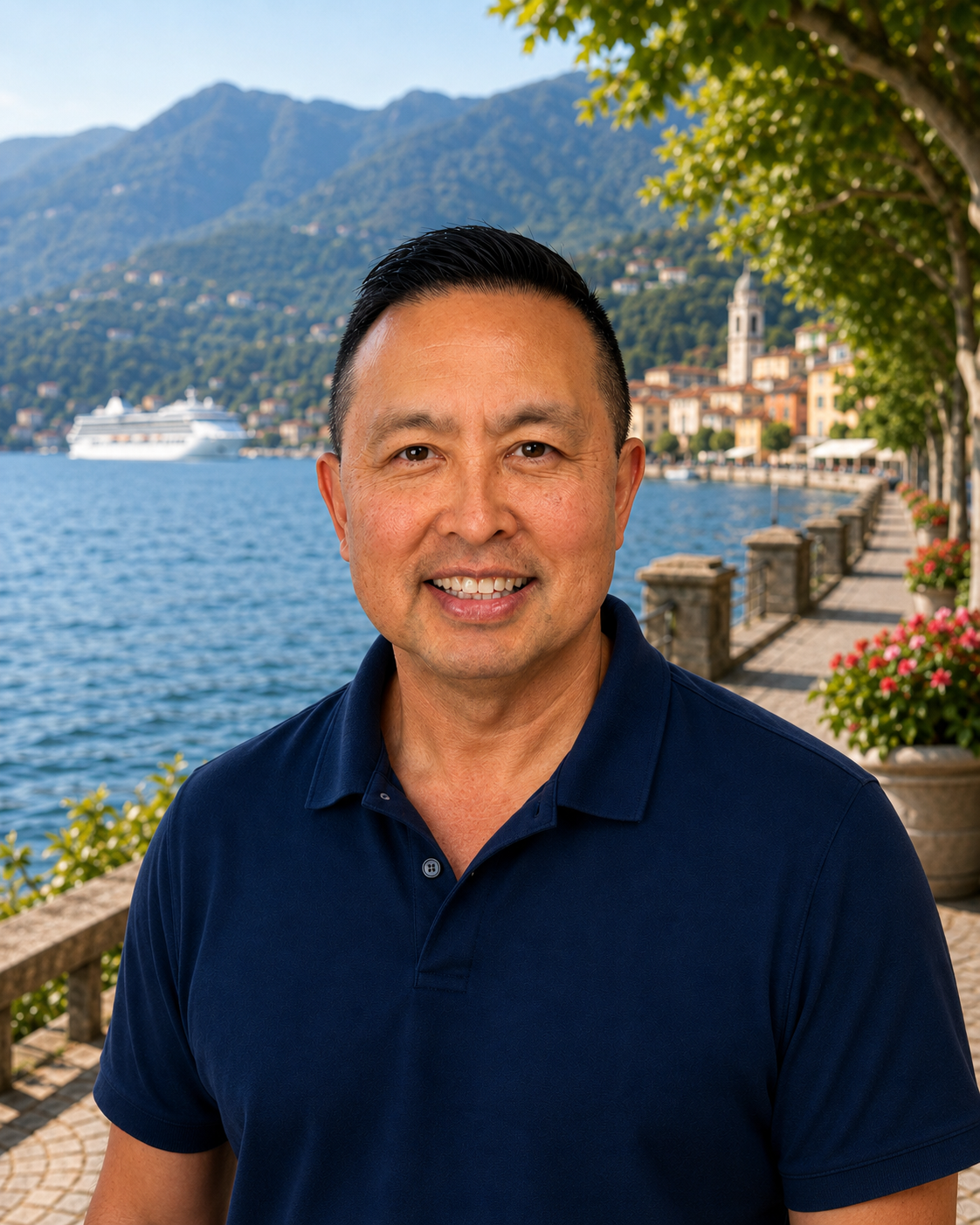 Eric Mallari, founder of Ontario Cruise Center, on the waterfront of a scenic lake.