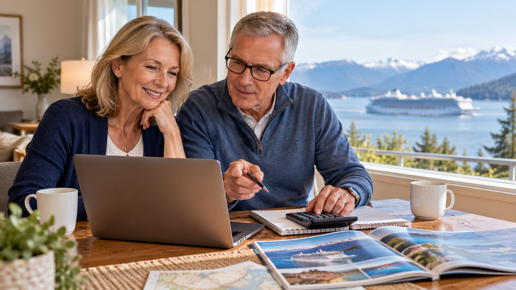 Mature Canadian couple comparing cruise prices on a laptop while reviewing travel plans at home.