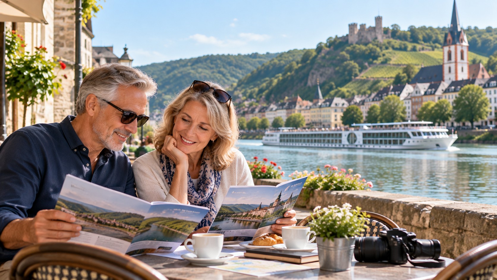 Mature couple comparing European river cruise brochures at a riverside café as a river cruise ship passes in the background.