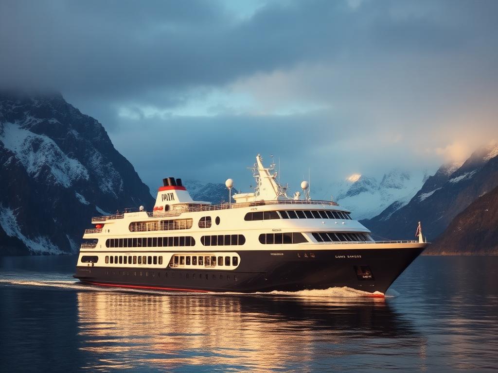 Expedition cruise ship in a dramatic fjord surrounded by snowy peaks
