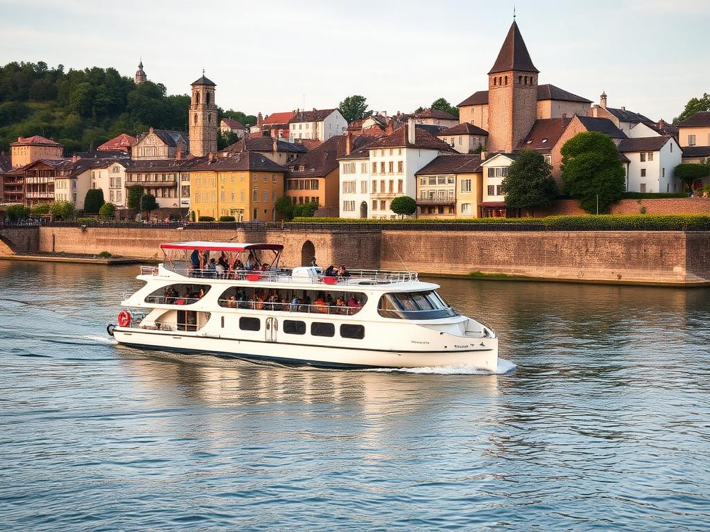 River cruise ship passing a historic European riverside town