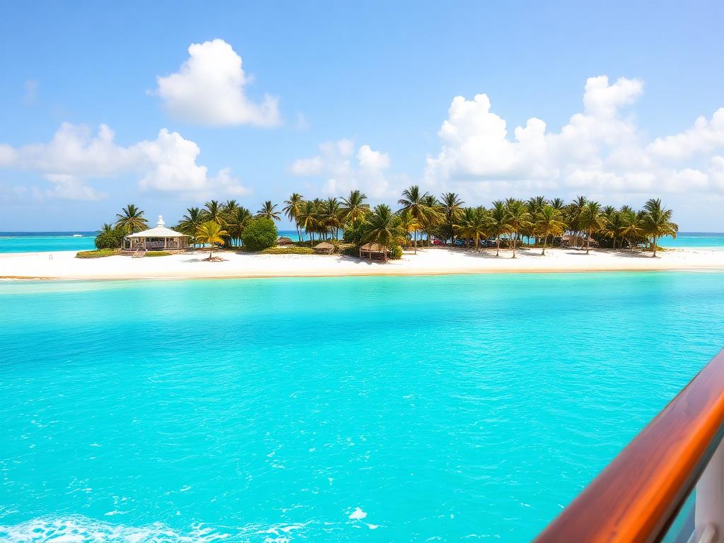 Turquoise Caribbean water and palm-lined beach seen from a cruise ship deck