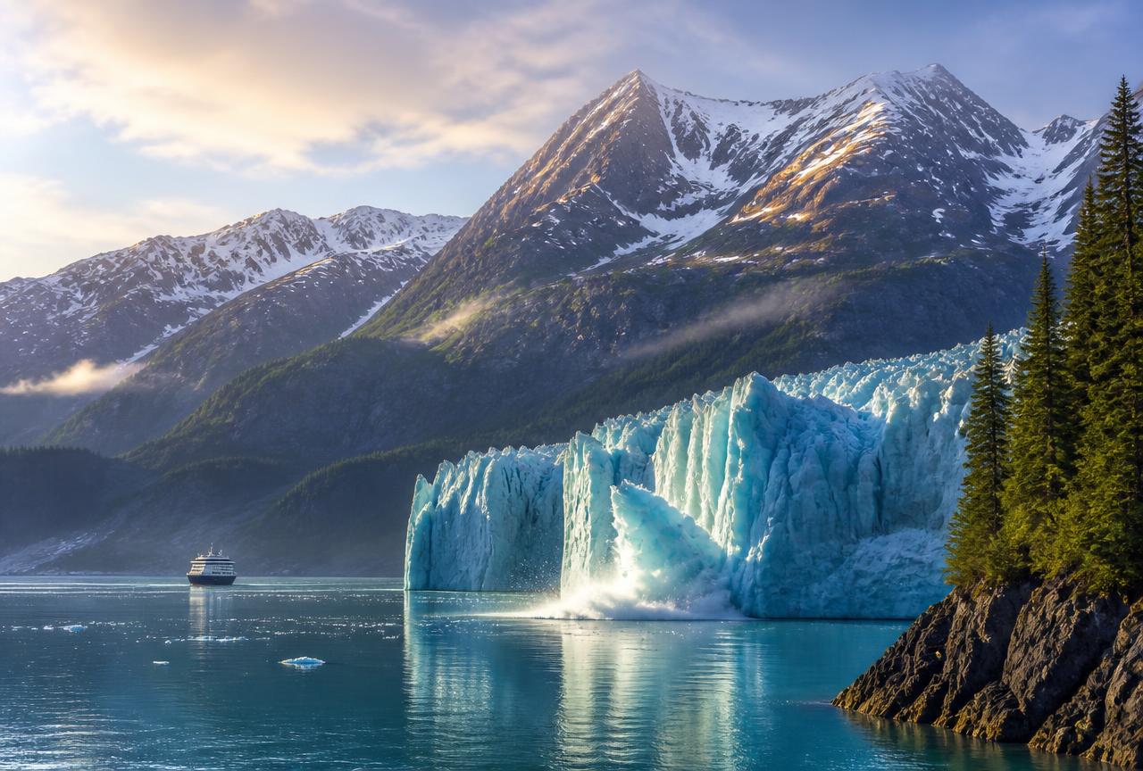 Tidewater glacier calving into a calm Alaskan fjord with snow-capped mountains and a distant cruise ship