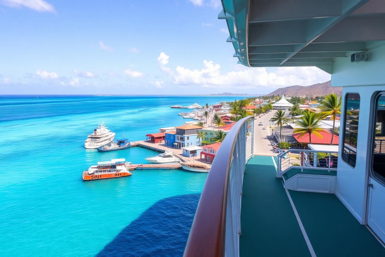 View from a cruise ship deck of a Caribbean port town with turquoise water and palm trees