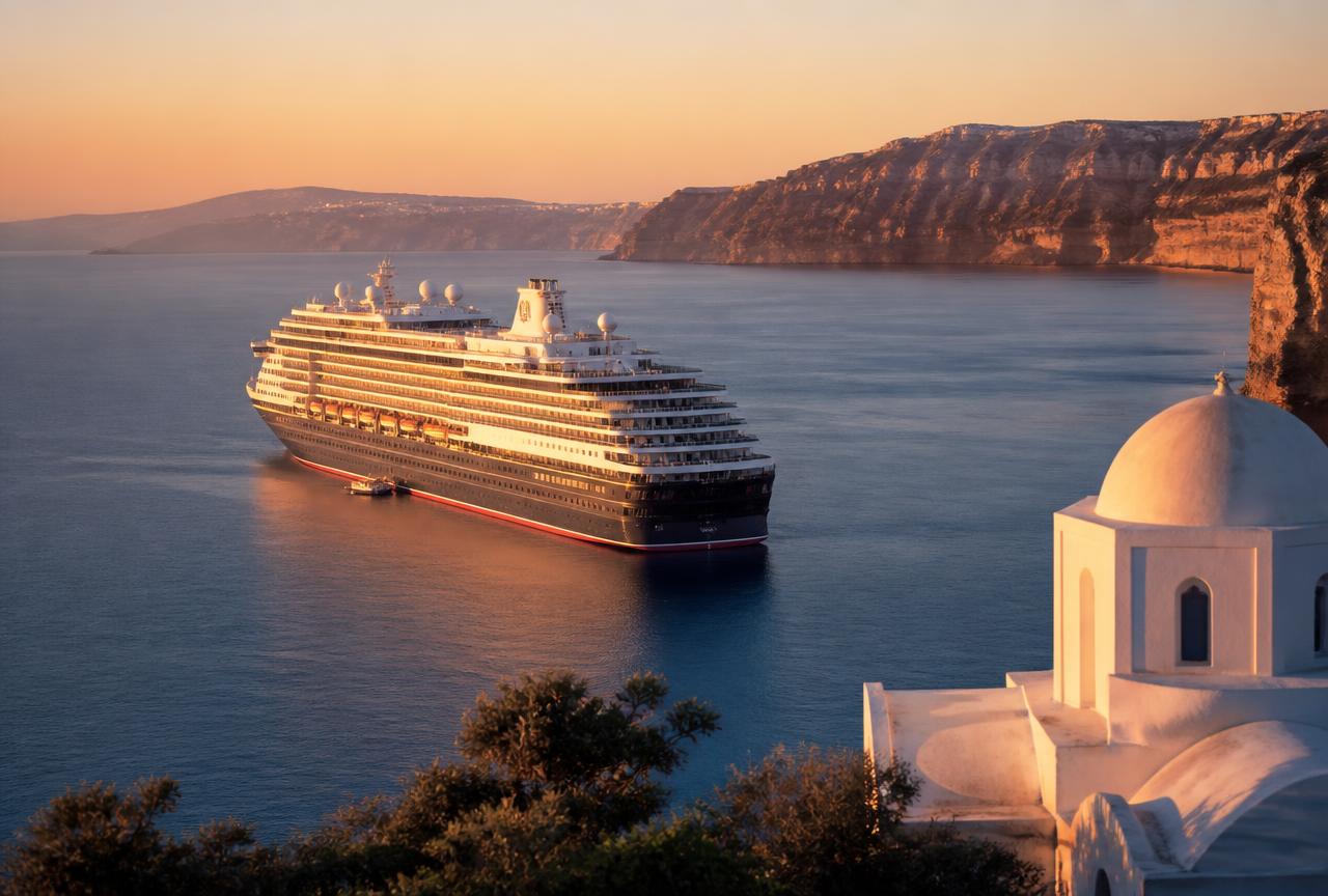 Cruise ship anchored in a calm Mediterranean bay at golden hour beside a whitewashed clifftop village