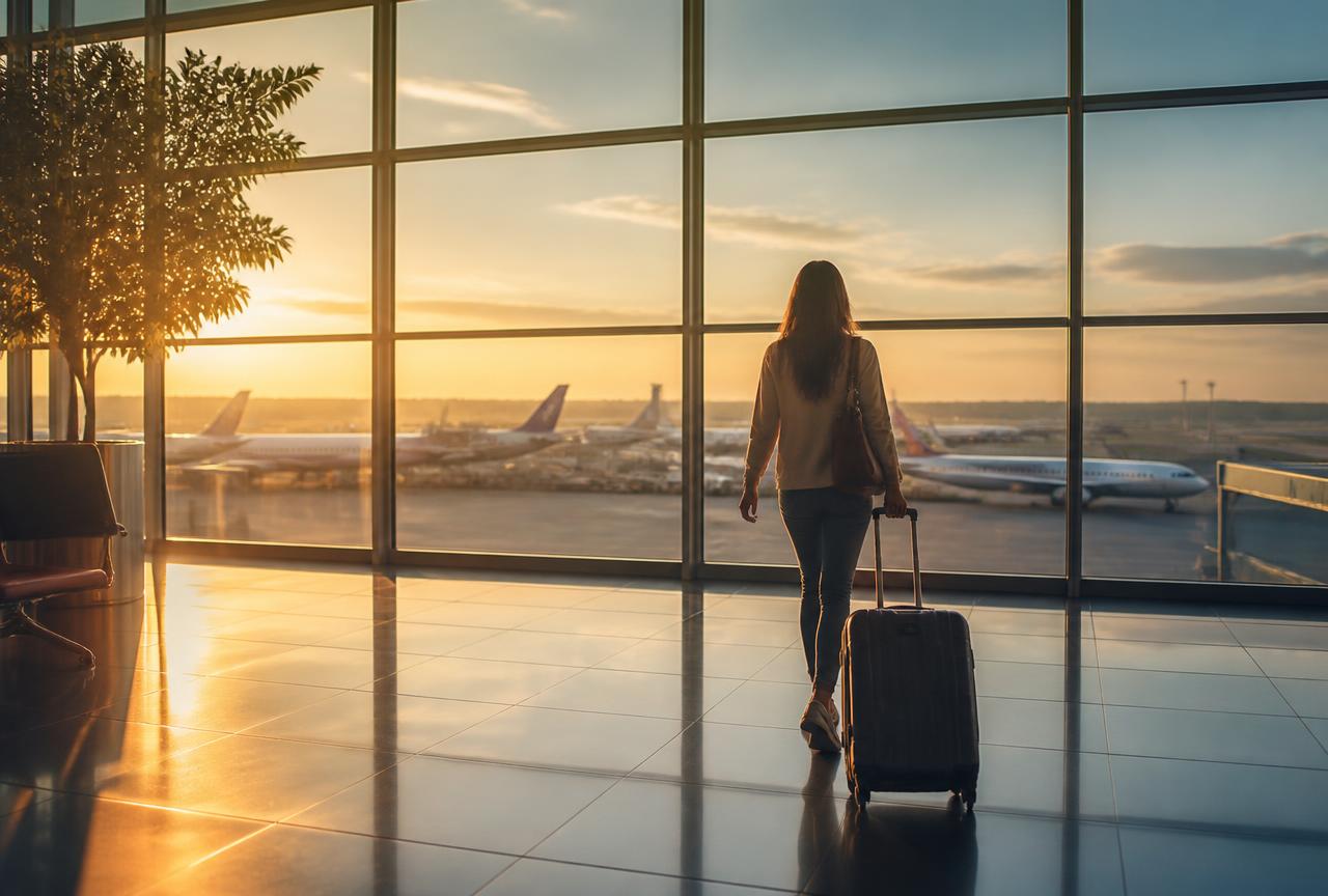 Traveller with a suitcase walking through a sunlit airport terminal at sunrise before a cruise vacation