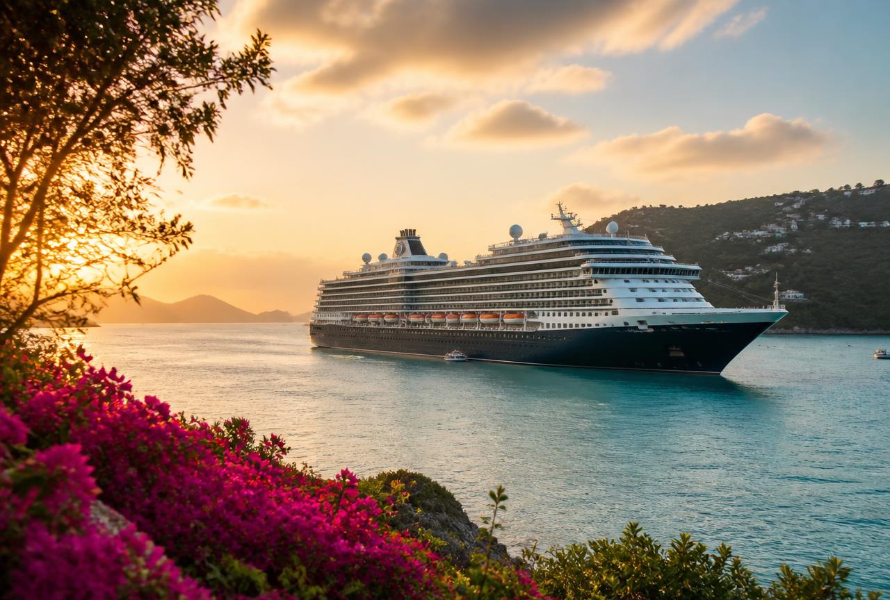 Cruise ship anchored in a calm turquoise bay at golden hour, seen from a flowering coastal viewpoint
