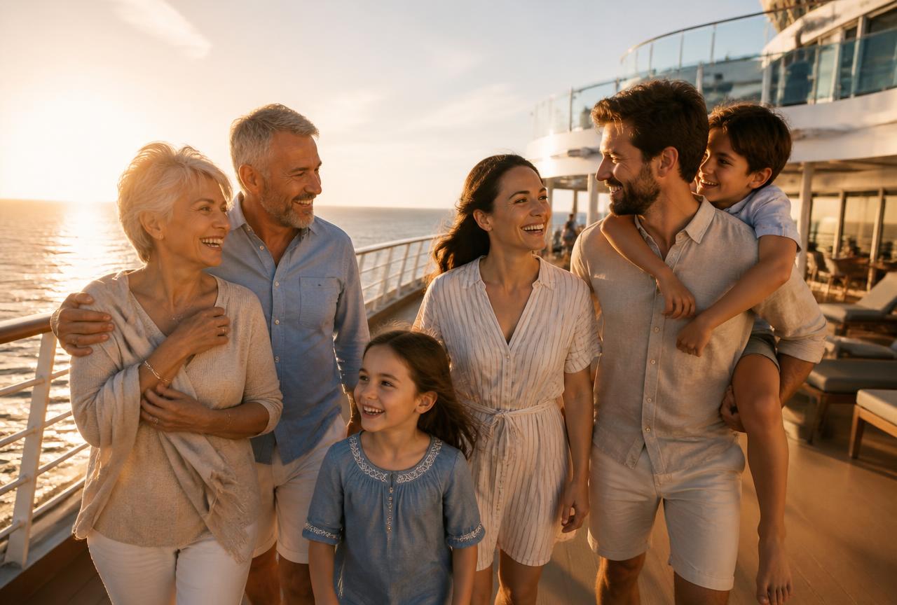 Three generations of one family laughing together on the sun deck of a cruise ship at golden hour