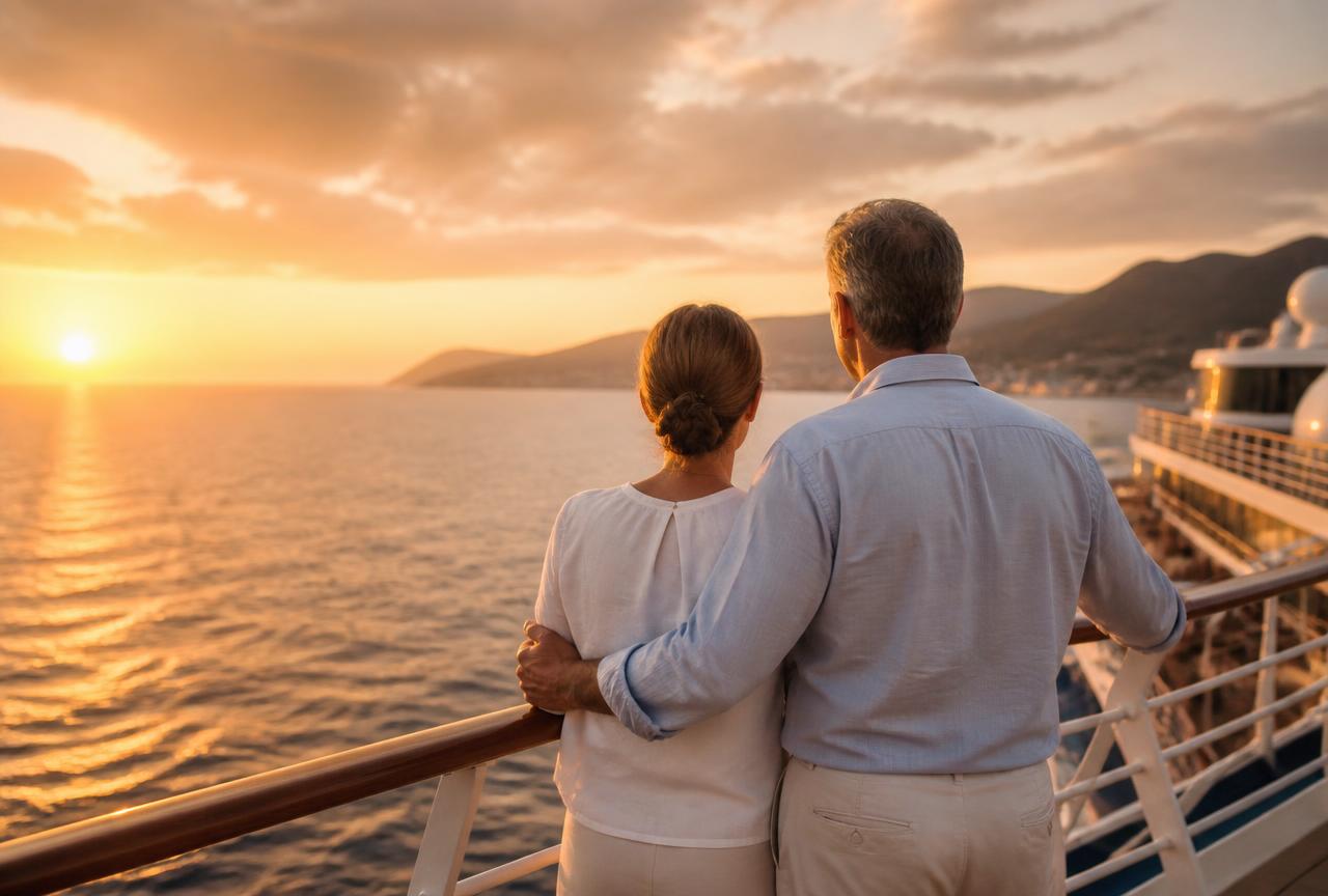 Couple standing at the railing on the upper deck of a cruise ship watching the sun set over the ocean