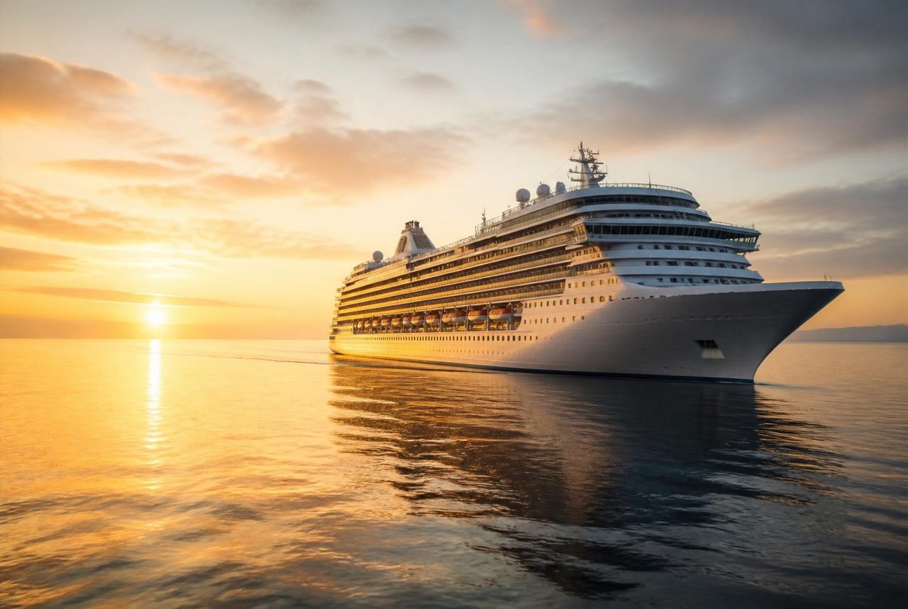 Modern cruise ship sailing on calm open ocean water at golden hour